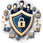 Managed Security Service Provider offering comprehensive cybersecurity solutions, featuring professionals within a shield symbolizing robust protection, surrounded by icons of security features and technologies.