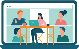 Illustration of a virtual meeting with five professionals collaborating on a computer screen, featuring a friendly and collaborative atmosphere with a color scheme of soft blues, greens, and oranges.