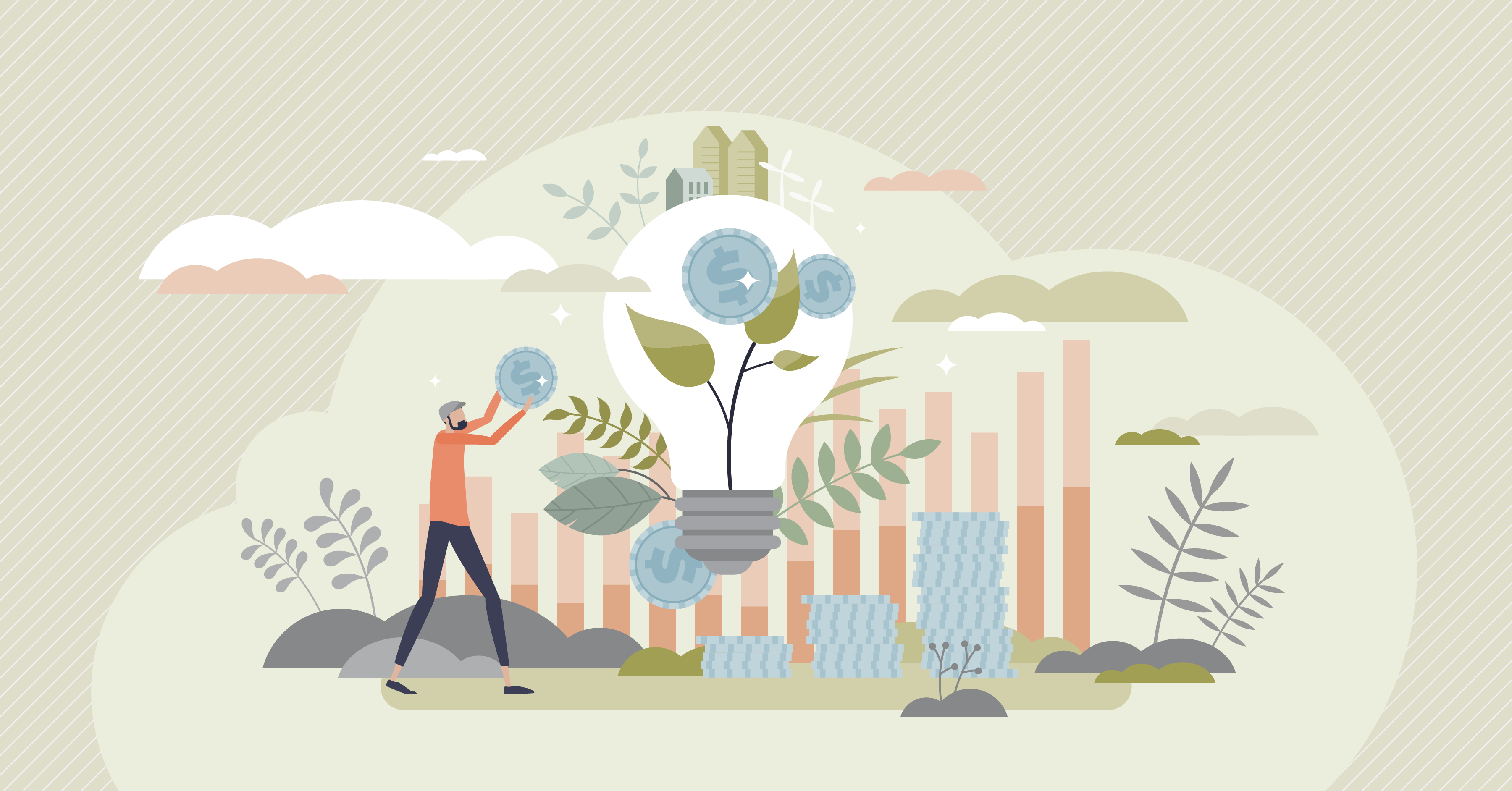 Illustration of a person nurturing a plant growing inside a light bulb, symbolizing the growth of eco-friendly ideas amidst an urban backdrop.