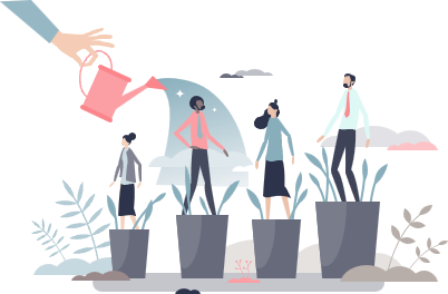 Nurturing Professional Growth: Illustration of a giant hand watering diverse professionals growing in pots, symbolizing the development and enrichment offered by free resources.