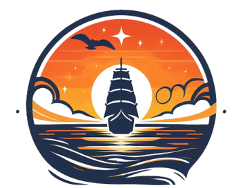 Illustration of a ship sailing on the ocean at sunset, with clouds and a star in the sky, encapsulated within a circular border.