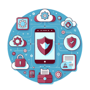 Illustration of managed security for application protection featuring a central smartphone with a shield icon, surrounded by symbols like gears, locks, clouds, and checkmarks representing secure operations.