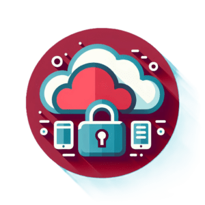Graphic icon for managed security featuring a stylized cloud with a padlock in the center, flanked by a smartphone and a document, symbolizing Cloud Application Security.