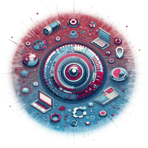 Illustration of cyber threat intelligence for managed security, featuring a central digital eye surrounded by concentric circles with various cybersecurity icons like shields, locks, and digital devices.