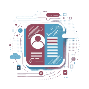 Graphic illustration of digital ID monitoring for managed security services, featuring an abstract representation of a personal profile on a secure interface with checkmarks, user icon, and data encryption symbols amidst cloud computing graphics