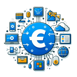 Icon representing Exhange Online with a blue circle and a white E in the center surrounded by devices.