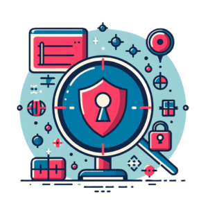 Illustration of managed security services featuring a central shield with a keyhole, symbolizing Security Posture Monitoring. Surrounding elements include a magnifying glass, locks, data charts, and digital icons representing comprehensive protection and surveillance in cybersecurity.