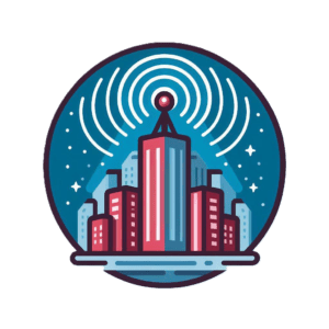Illustration of a vibrant cityscape encased in a circular frame with a prominent central building emitting signal waves, symbolizing robust managed security and continuous signal monitoring services.