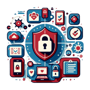 Graphic illustration of managed security for endpoint protection featuring a central shield with a padlock, surrounded by icons representing secure devices, data encryption, cloud services, and system checks. The design conveys robust digital defense mechanisms in place.