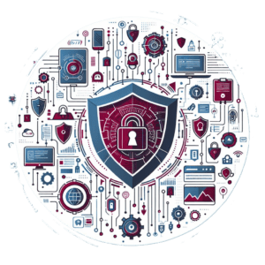 Digital illustration for managed security showcasing Incident Management. Central to the image is a shield with a lock symbol, surrounded by various cybersecurity icons like keypads, graphs, and network diagrams, all interconnected with circuit lines.