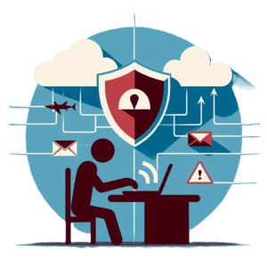 Illustration of a person at a desk with a computer, shielded by a large padlock emblem, symbolizing managed security. Various icons such as an envelope, drone, and warning sign float around, representing threats in Phishing Simulation Training.