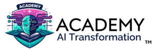 "ACADEMY AI Transformation™” It features an artistic representation of a human head with circuit lines and radiant lines emanating outward, symbolizing connections or neural networks associated with artificial intelligence.