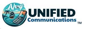 Logo of Ahoy Unified Communications, featuring a stylized ship with communication icons on ocean waves, flanked by palm trees, with the words ‘UNIFIED Communications’ beside it, indicating a trademarked brand.