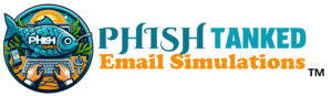 PHISH TANKED™: Cybersecurity service logo with a vibrant fish, tech and security icons, for simulated email phishing defense.
