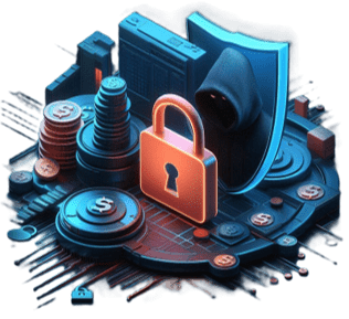 The image depicts cybersecurity to prevent data loss and manage information rights. The image displays an orange digital lock, coins, a blue shield, and circuitry illustrate data protection.