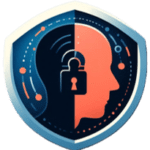 The image portrays reduced data breach risk: a shield with a human head silhouette, half dark with circuits, half orange with a lock, symbolizing secure data.