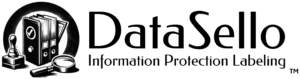 DataSello™ black logo featuring a stamp, files with a checkmark, and magnifying glass, symbolizing secure data protection and labeling services.