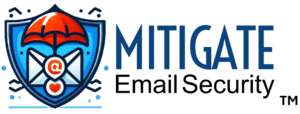 MITIGATE Email Security™ logo: Shield with red umbrella, envelope, & heart symbolizes comprehensive cybersecurity email protection.