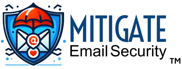 MITIGATE Email Security™ logo: Shield with red umbrella, envelope, & heart symbolizes comprehensive cybersecurity email protection.