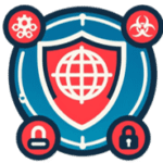 This is a circular image with a red shield sitting atop a blue circle with a globe and security icons and threats icons around the outside.