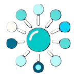 A teal center circle icon with ten spokes and tiny circles at the end of each spoke. Each circle is a hue of teal. Meant to represent Connections & insights.