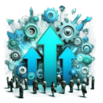 Icon with teal blue arrows pointing to the sky amongst gear icon meant to convey a messaging & collaboration upgrade.