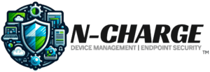 Logo for ‘N-Charge™’, a device management and endpoint security service, showcasing a shield with digital icons, built on Microsoft 365 and leveraging Microsoft Intune.