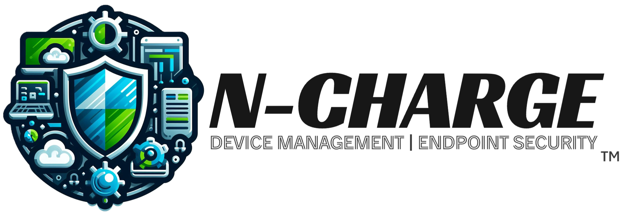 Logo for ‘N-Charge™’, a device management and endpoint security service, showcasing a shield with digital icons, built on Microsoft 365 and leveraging Microsoft Intune.