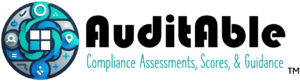 AuditAble™ logo featuring a stylized ‘A’ within a circle, incorporating digital elements to symbolize Microsoft Purview integration. Text reads ‘Compliance Assessments, Scores, & Guidance’, highlighting the service’s focus on addressing compliance requirements for clients.