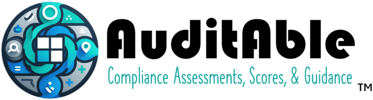 AuditAble™ logo featuring a stylized ‘A’ within a circle, incorporating digital elements to symbolize Microsoft Purview integration. Text reads ‘Compliance Assessments, Scores, & Guidance’, highlighting the service’s focus on addressing compliance requirements for clients.