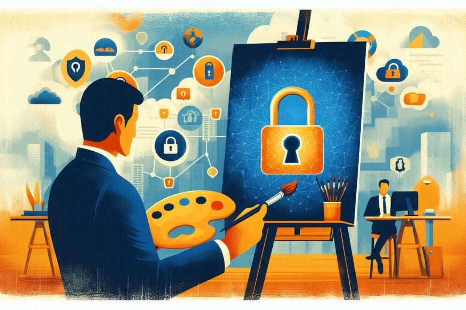 Flat illustration of an illustration that has an artist looking at you with a paint pallet and brush in hand but instead of bristles at the end of the brush replace it with a padlock icon representing cybersecurity. In the background make it a business office space and include cybersecurity related imagery with a texture applied and a grain effect in blue and yellow.