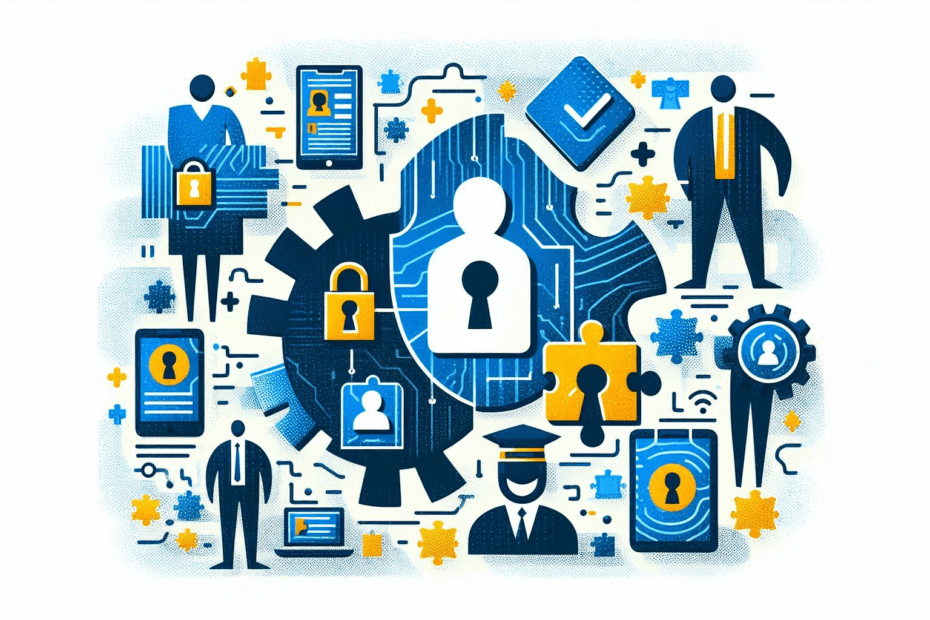 An abstract image of various teams within an organization keeping security separate using colors of black, blue, and gold.