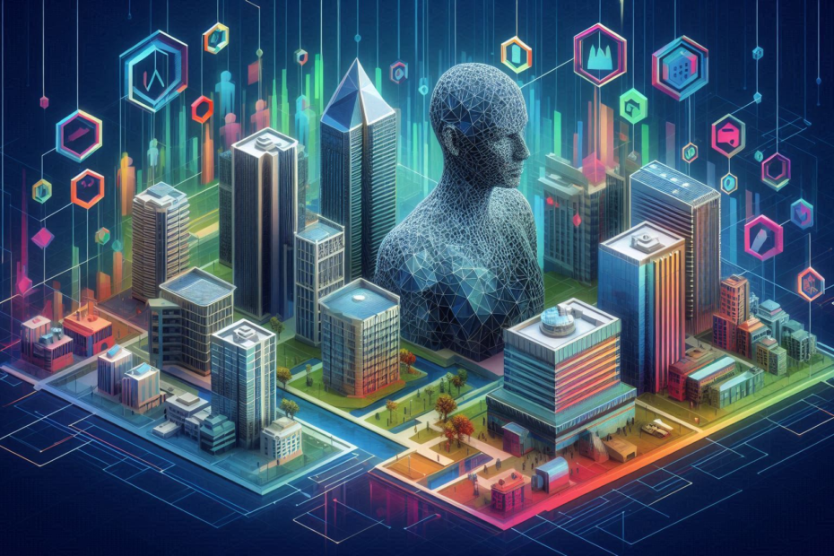 A low poly cityscape with a secure, futuristic building symbolizing data protection and compliance, surrounded by Microsoft 365 icons and a figure guiding data streams. Represents Jadex Strategic Group's cybersecurity solutions.