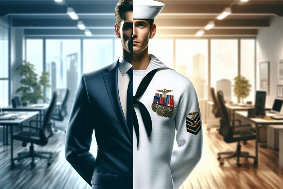This image depicts a vertical split screen one side a modern businessman on the other the same individual dressed as a US Navy sailor and veteran.