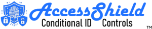 Access Shield™ logo featuring classic royal blue lettering for the title next to a shield with a thumb, signifying identity with two locks indicating protection with conditional access.