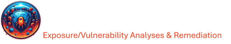 AEGIS - Exposure/Vulnerability & Remediation™ logo with white letters featuring circular image with hues of blue and orange with depictions of computer viruses and vulnerabilities.
