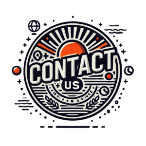 An image of a circular logo that says "Contacts Us" in black in white lettering with a red sun peaking out above the letters in the center.