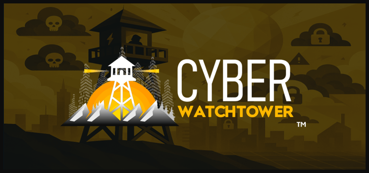Cybersecurity watchtower graphic with text highlighting Cyber Watchtower advanced tenant management for proactive monitoring and defense.