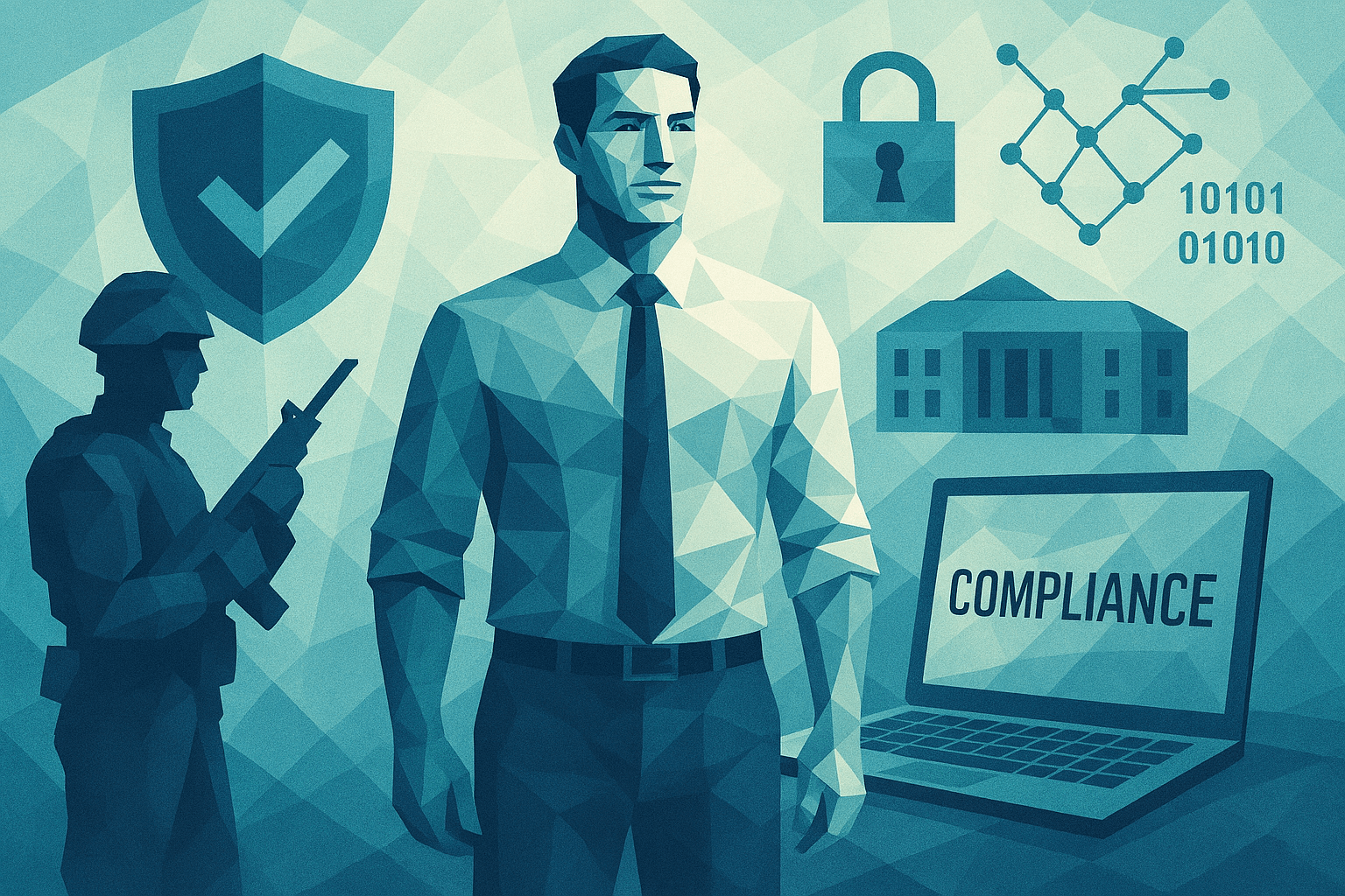 Illustration featuring compliance concept with shield and checkmark, armed security figure, padlock icon, government building, binary code, and laptop displaying compliance.