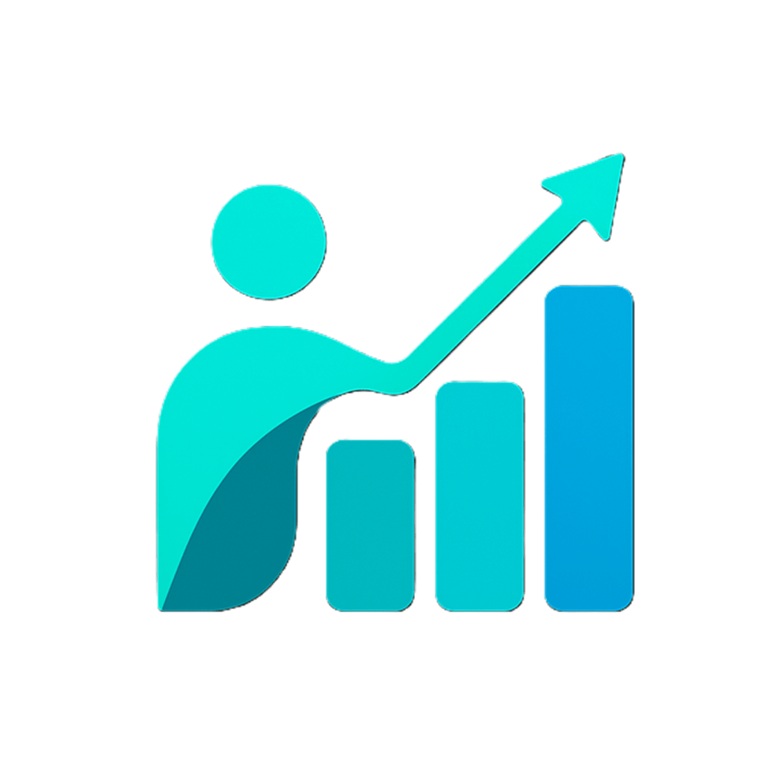 Person icon with upward arrow and bar chart representing business growth, performance improvement, and success metrics.