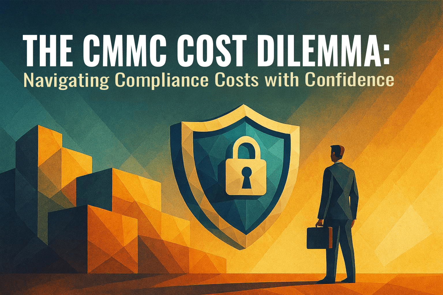 Business figure with briefcase beside shield and lock icon under CMMC cost dilemma title.
