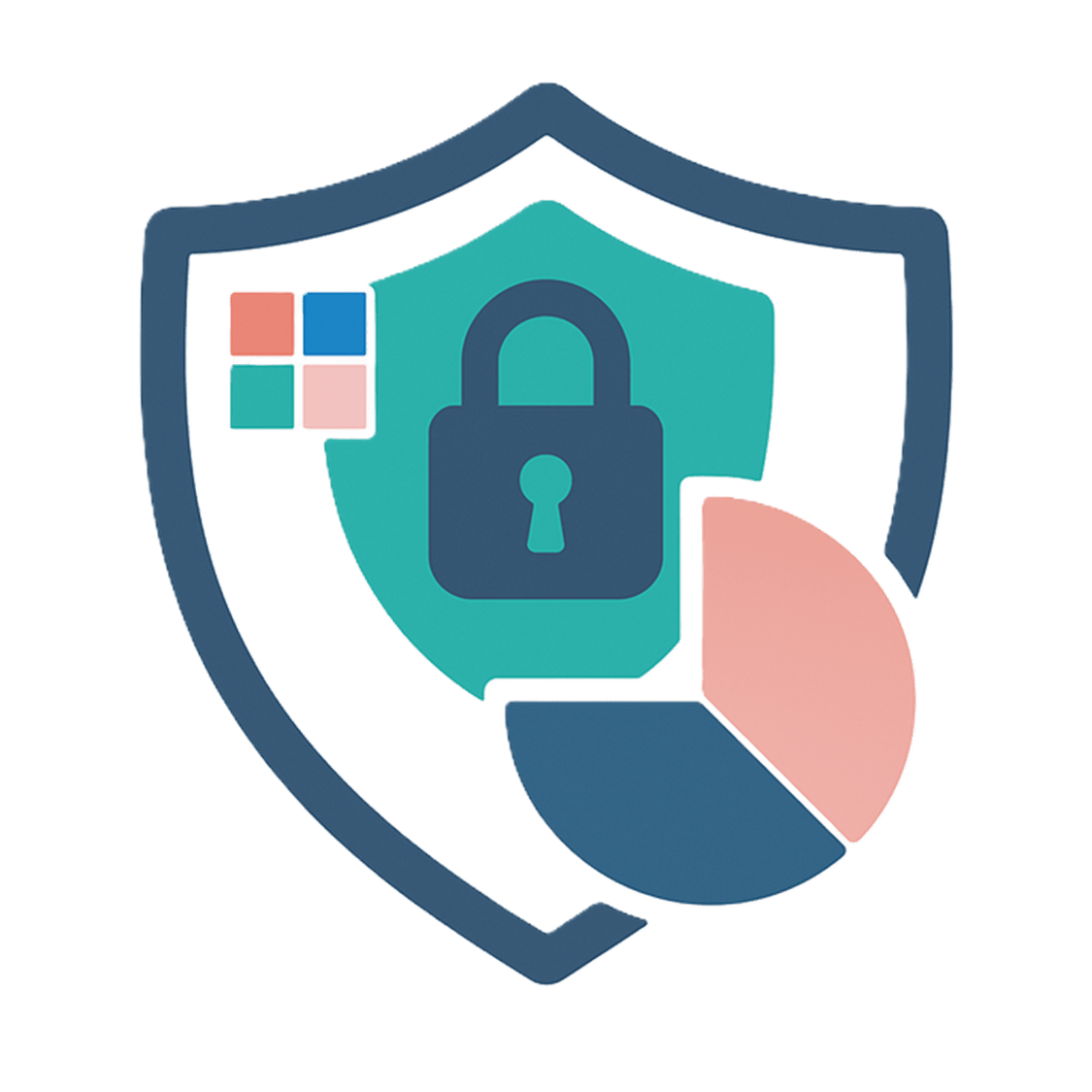 Shield icon featuring a padlock, pie chart, and Microsoft-style squares, symbolizing comprehensive security, data protection, and integrated compliance solutions.