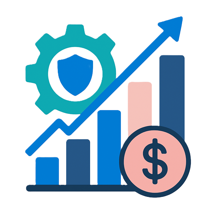 Icon featuring a bar chart with upward trending arrow, dollar sign, and gear with shield symbolizing IT efficiency, cost savings, and secure business growth.
