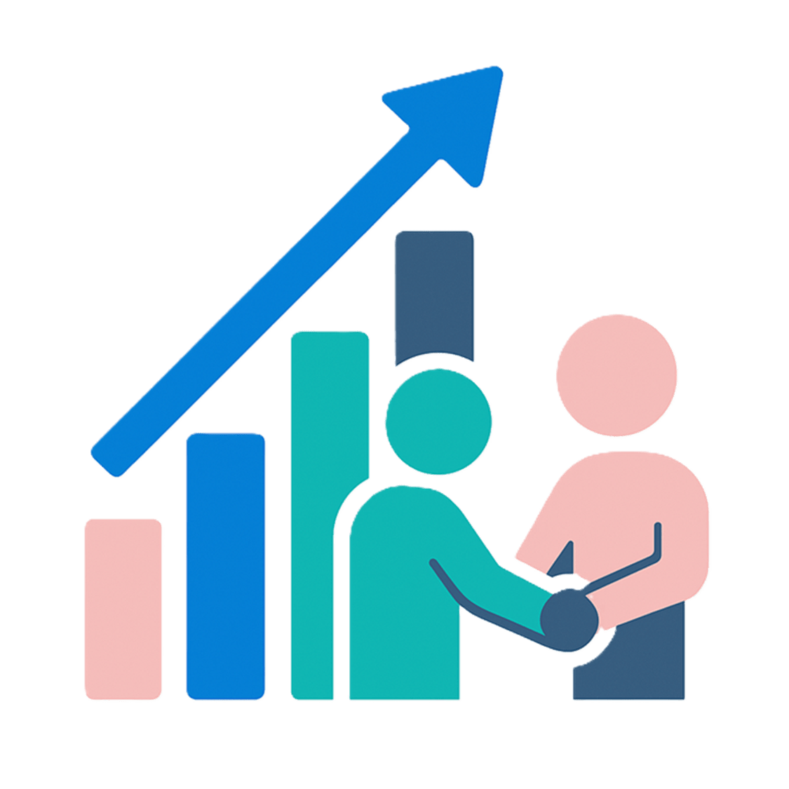 Icon featuring two stylized figures shaking hands in front of a bar chart with an upward trending arrow, symbolizing increased productivity, collaboration, and business growth.