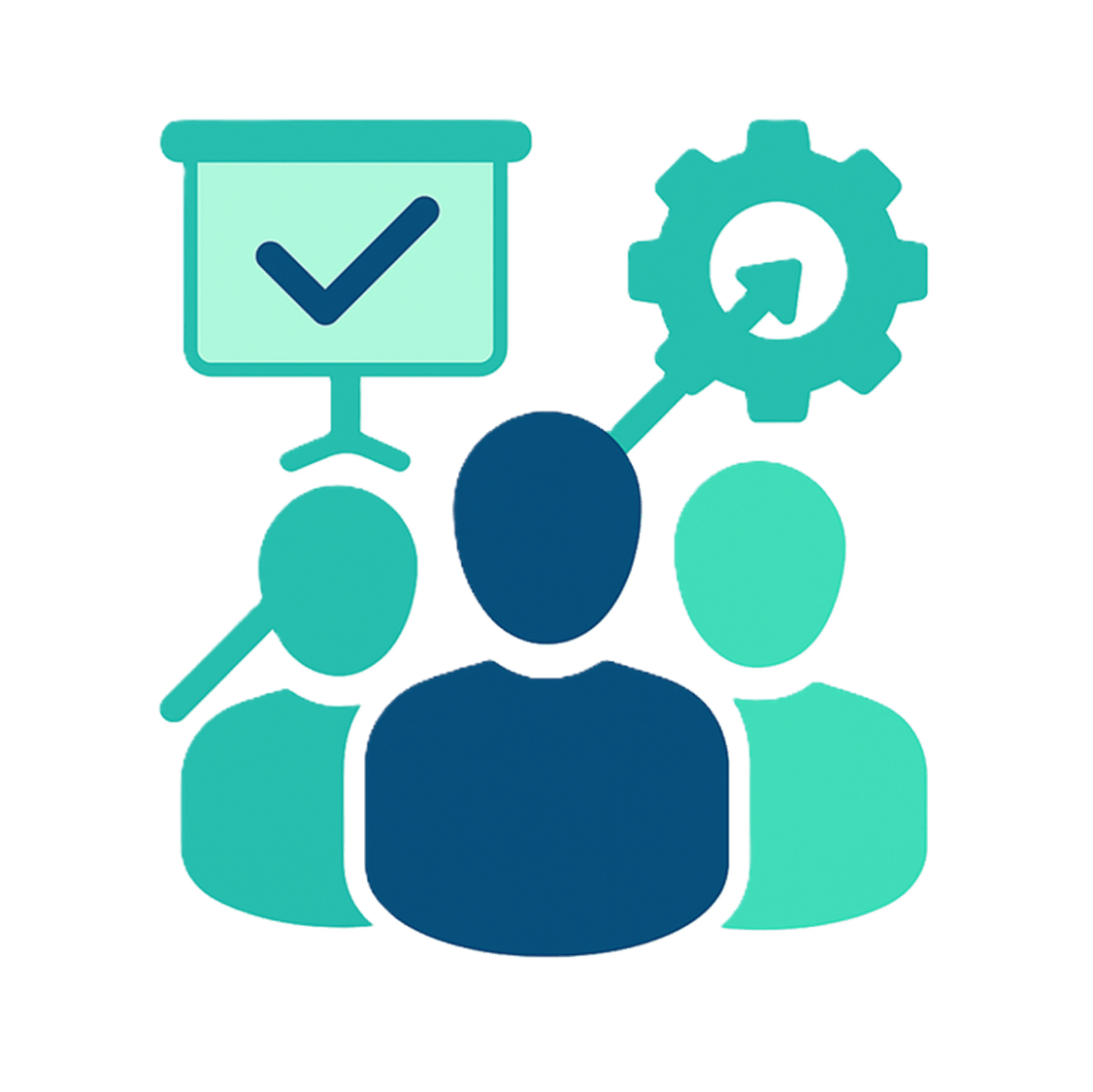 Three-person team icon with presentation board, gear symbol, and growth arrow representing lean teams and process optimization.