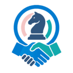 Icon featuring two hands shaking beneath a circular frame with a chess knight symbol, representing strategic partnerships, collaboration, and business alliances.