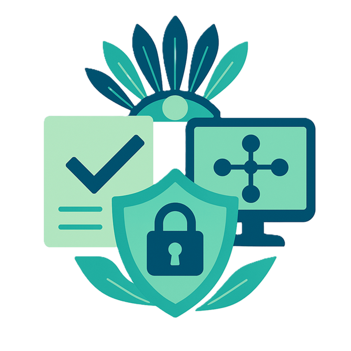 Tribal sovereignty compliance concept with checklist, cybersecurity shield, and connected network on computer screen.