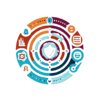 An image with a small shield in the center with icons representing continuous monitoring and reporting around the edge.