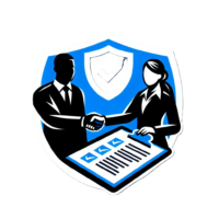 An image with consultants standing next to a shield with a clipboard indicating a consultation with requirement gathering.